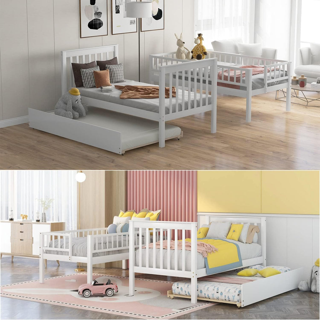 Harper & Bright Designs Bunk Beds Twin Over Twin Size, Solid Wood Bunk Bed with Trundle for Kids and Toddler (White Bunk Beds with Trundle)