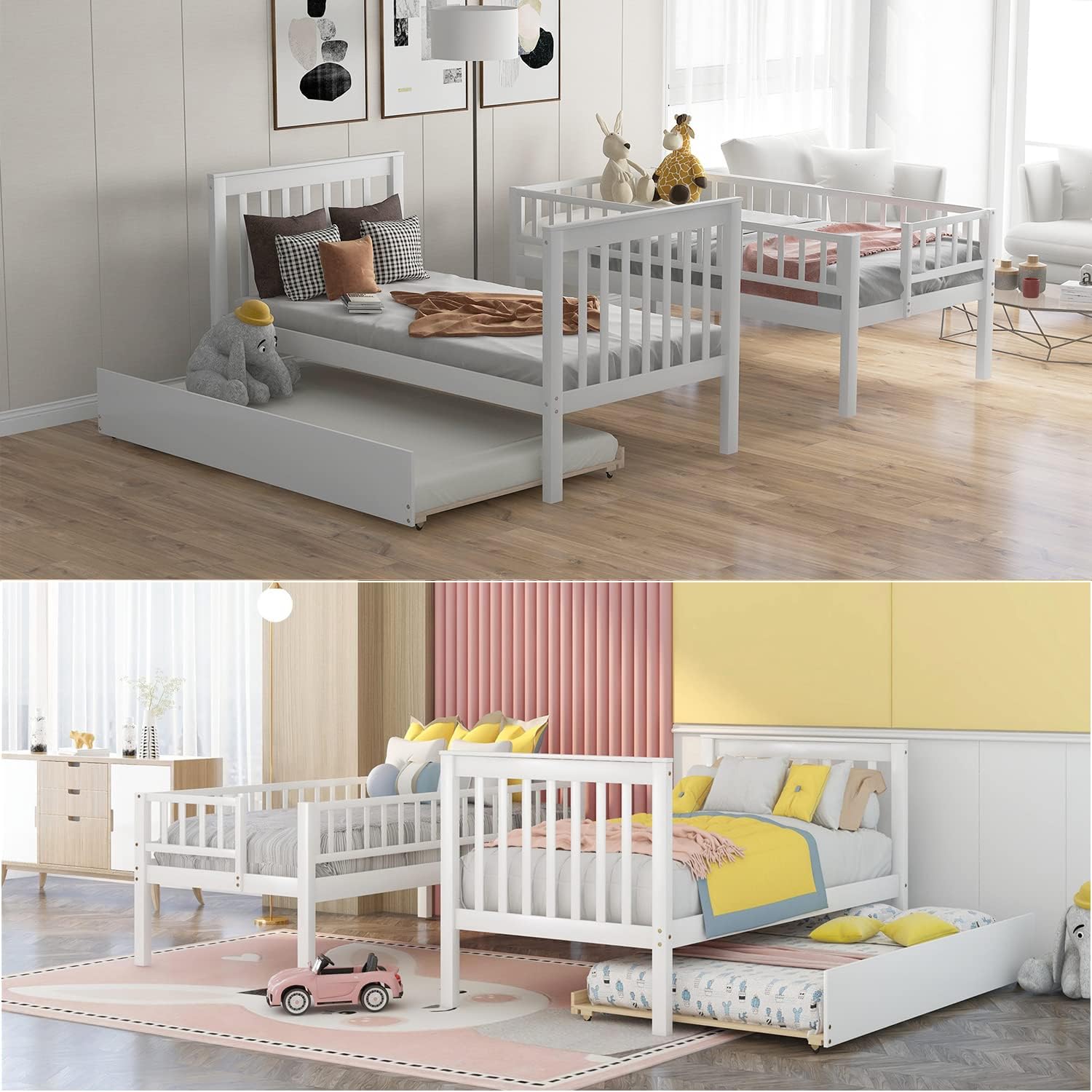 Harper & Bright Designs Bunk Beds Twin Over Twin Size, Solid Wood Bunk Bed with Trundle for Kids and Toddler (White Bunk Beds with Trundle)