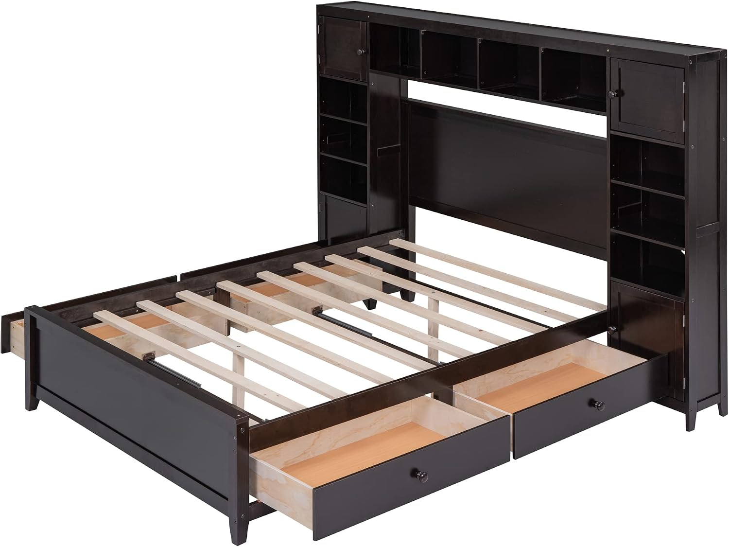 Harper & Bright Designs Wood Full Storage Bed Frame with Cabinet and Shelf, Full Size Platform Bed with 4 Drawers & Bookcase Headboard,Espresso