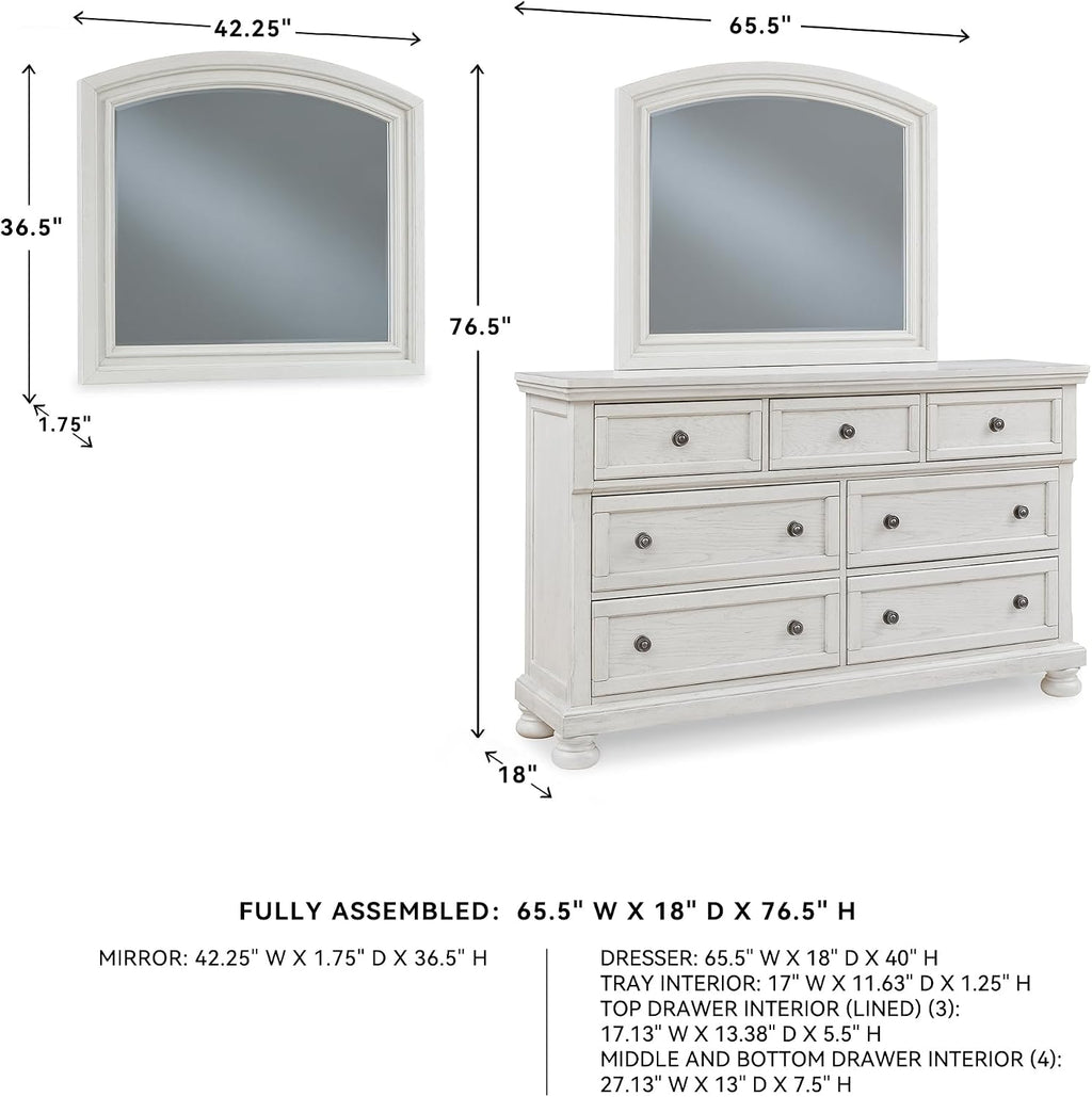 Signature Design by Ashley Robbinsdale Casual Smooth-Gliding 7-Drawer Dresser and Mirror with Safety Stop, Felt-Lined Top Drawers and Pull-Out Tray, White