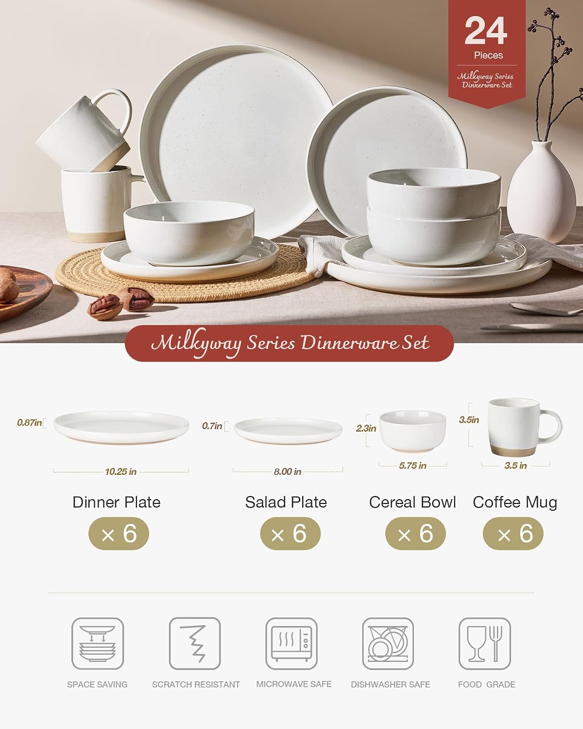 Famiware Milkyway Stoneware Dinnerware Sets with Mugs, Service for 6 (24 Pieces), Plates and Bowls Sets -Scratch Resistant, Microwave and Dishwasher Safe Dishes Set, White