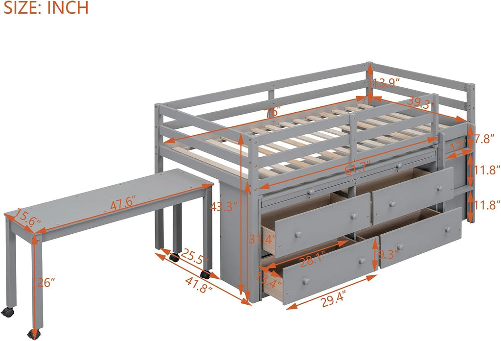 JIVOIT Twin Size Low Loft Bed with Retractable Writing Desk, Storage Bed with 4 Drawers and Shelves, Wooden Loft Bed with Lateral Portable Desk for Kids Teens Adults Bedroom (Gray,Twin,9)