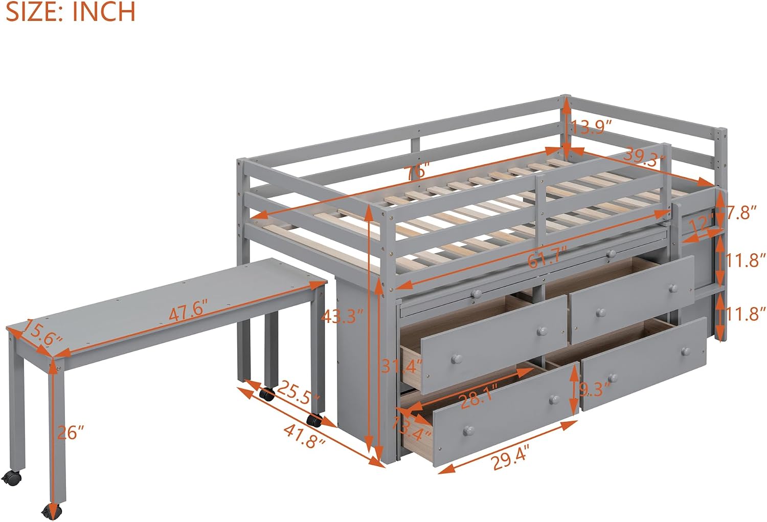 JIVOIT Twin Size Low Loft Bed with Retractable Writing Desk, Storage Bed with 4 Drawers and Shelves, Wooden Loft Bed with Lateral Portable Desk for Kids Teens Adults Bedroom (Gray,Twin,9)