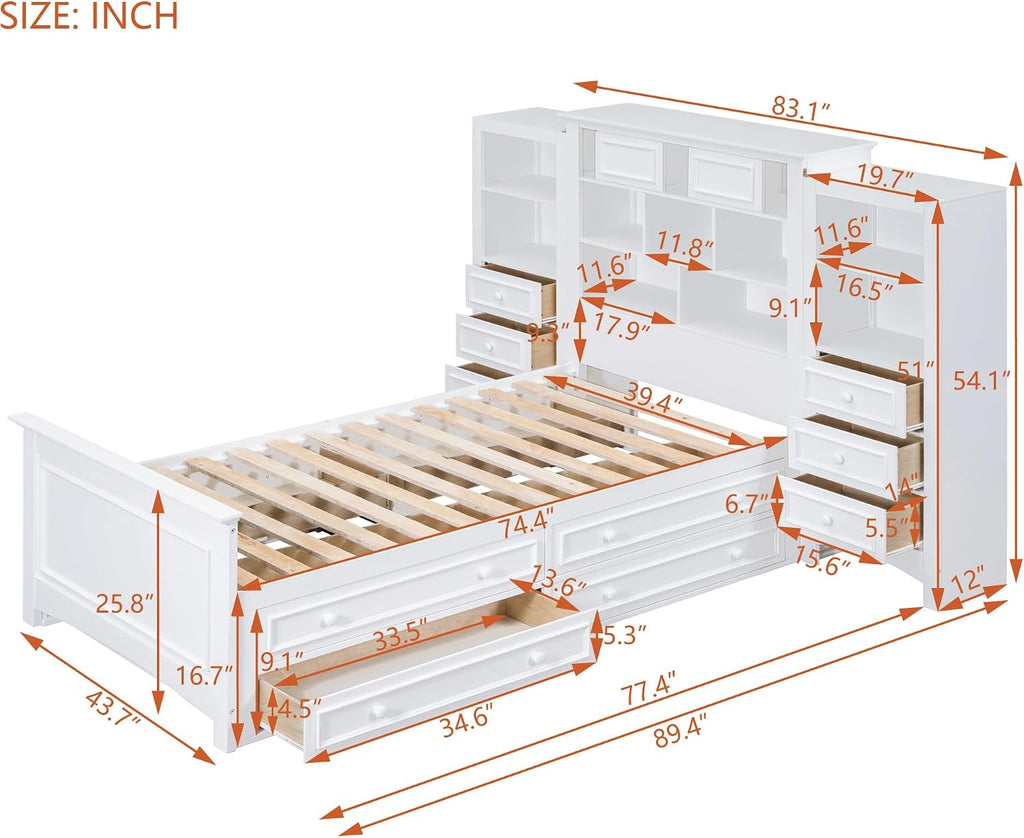 Twin Size Platform Bed with All-in-One Vertical Cabinet Bookcase, Solid Wood Captain's Bed Platform Bed Frame with 4 Drawers on Each Side, Storage Headboard (White-A)