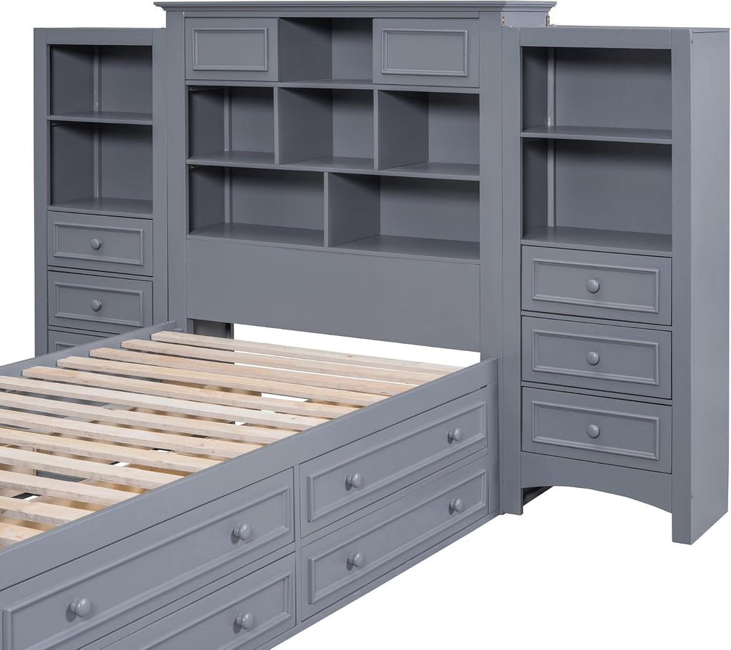 Twin Size Platform Bed with All-in-One Vertical Cabinet Bookcase, Solid Wood Captain's Bed Platform Bed Frame with 4 Drawers on Each Side, Storage Headboard (Grey-A)