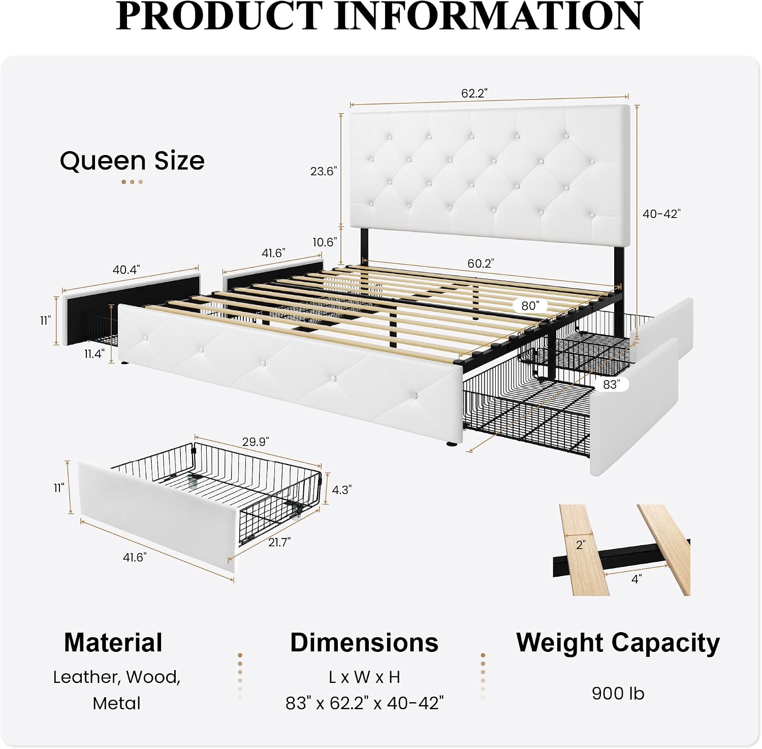 SHA CERLIN Upholstered Queen Platform Storage Bed Frame with 4 Drawers, Adjustable Headboard with Faux Leather Diamond Button Tufted Design, Wooden Slat Support, No Box Spring Needed, White