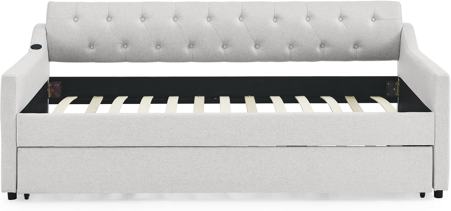 Ball & Cast Twin Size Daybed with Pop Up Trundle, Button Tufted Linen Sofa Day Bed Frame with USB Port,Twin to King Trundle Bed for Bedroom, Living Room, No Box Spring Needed,Beige
