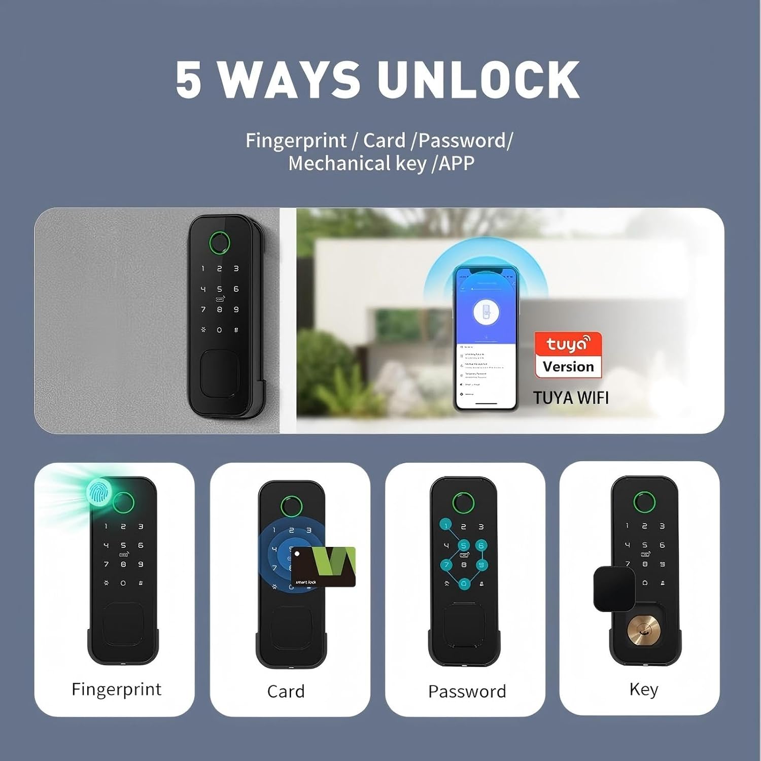 IP66 WiFi Smart Lock,Dual Fingerprint&Card,5-in-1 Yard Gate Lock | IP66 Outdoor Waterproof Smart Lock - Dual-Side Fingerprint & Card Entry - 5-in-1 Garden/Yard Gate Lock with WiFi Tuya App