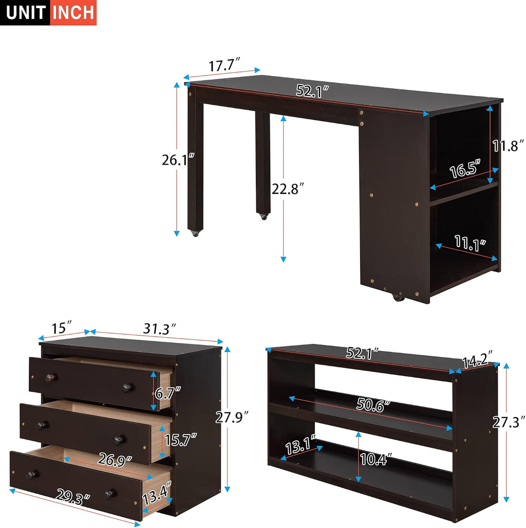 Full Size Low Loft Bed with Rolling Portable Desk, Wooden Loft Bed with Cabinet/Bookshelf/Drawers/Open Shelves for Kids Teens Adults, No Box Spring Required (Espresso-Full-Rolling Portable Desk)