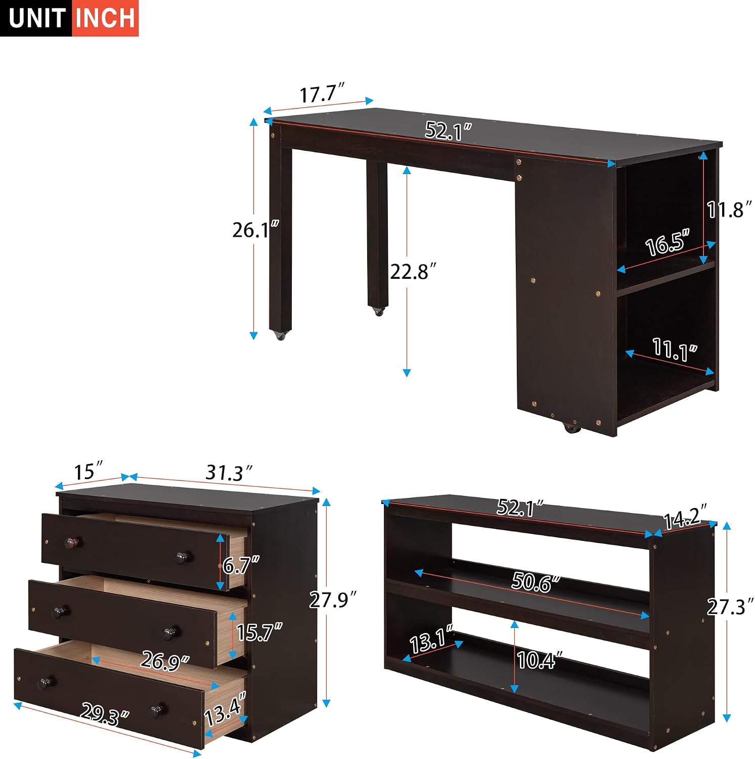 Full Size Low Loft Bed with Rolling Portable Desk, Wooden Loft Bed with Cabinet/Bookshelf/Drawers/Open Shelves for Kids Teens Adults, No Box Spring Required (Espresso-Full-Rolling Portable Desk)