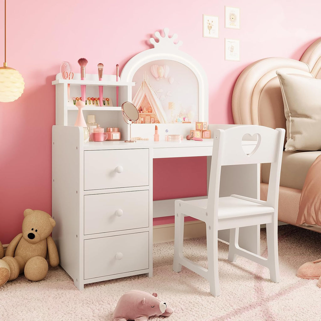 Garvee Kids Vanity with Lights, 2 in-1 Wooden Toddler Vanity Table with Stool & Drawer,Princess Pretend Play Makeup Vanity Princess Makeup Desk Dressing Table for Little Girls,Christmas Birthday Gift
