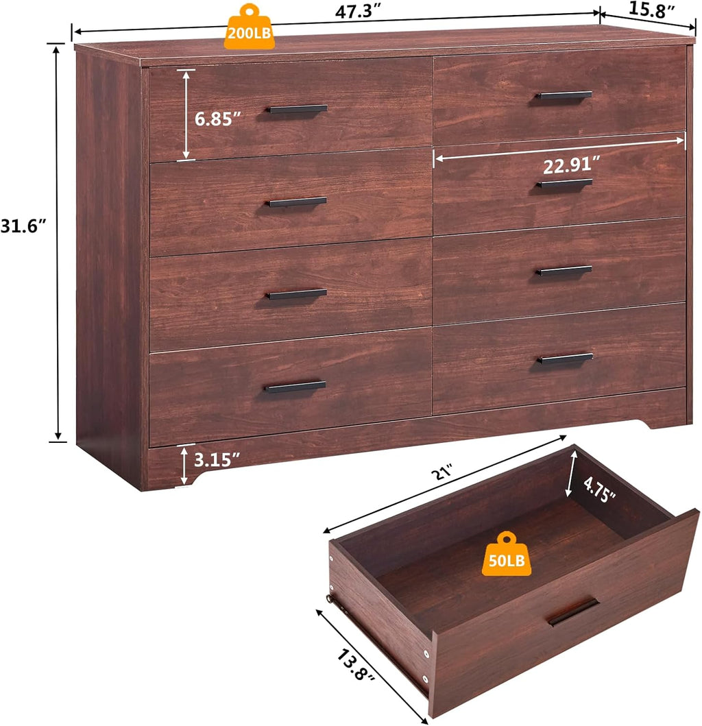 LIDYUK Dark Cherry Dresser for Bedroom, 8 Drawer Dressers & Chests of Drawers, Modern Wood Dresser, 48 Inch Wide Chest of Drawers for Bedroom, Hallway, Living Room