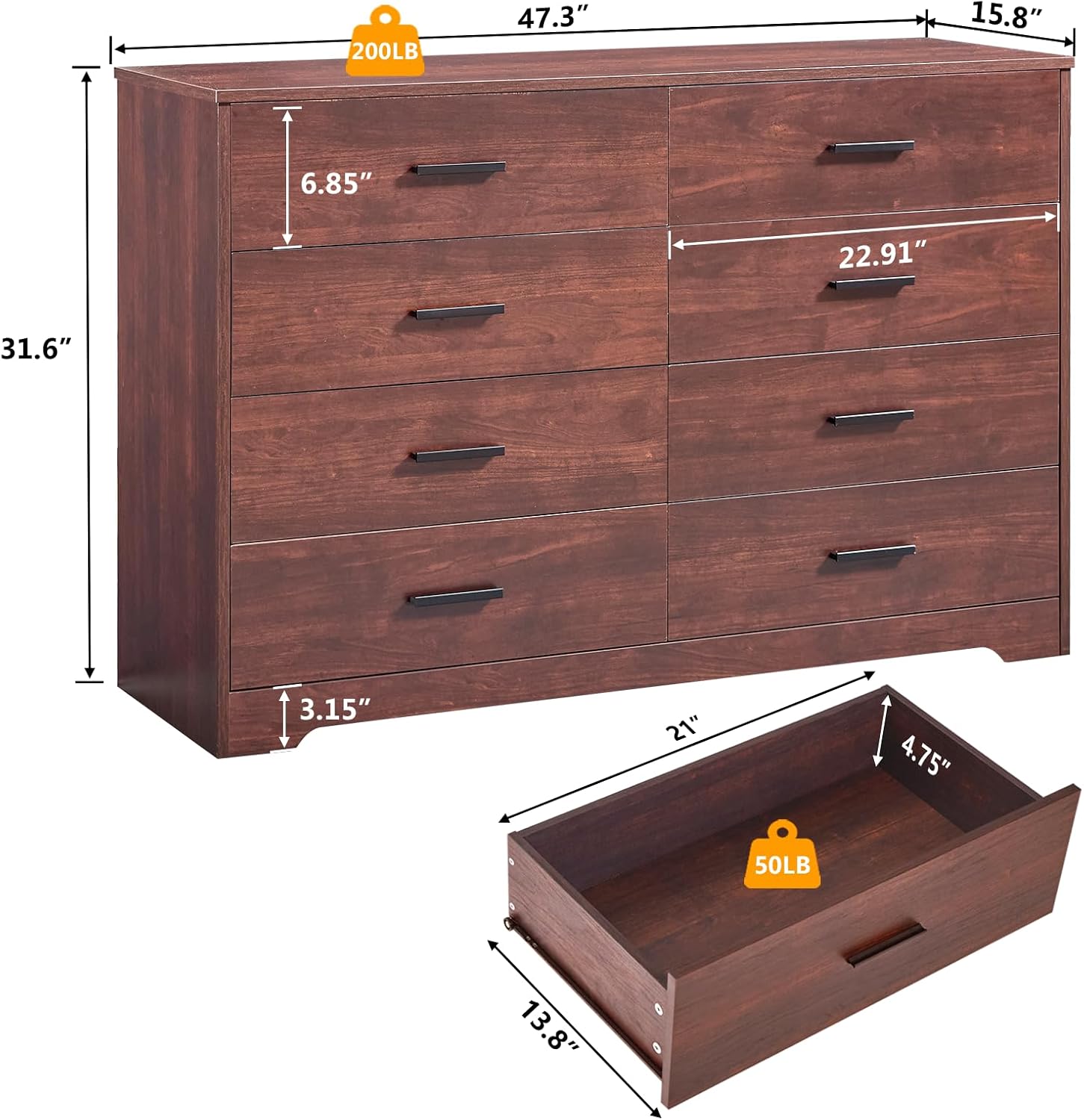 LIDYUK Dark Cherry Dresser for Bedroom, 8 Drawer Dressers & Chests of Drawers, Modern Wood Dresser, 48 Inch Wide Chest of Drawers for Bedroom, Hallway, Living Room