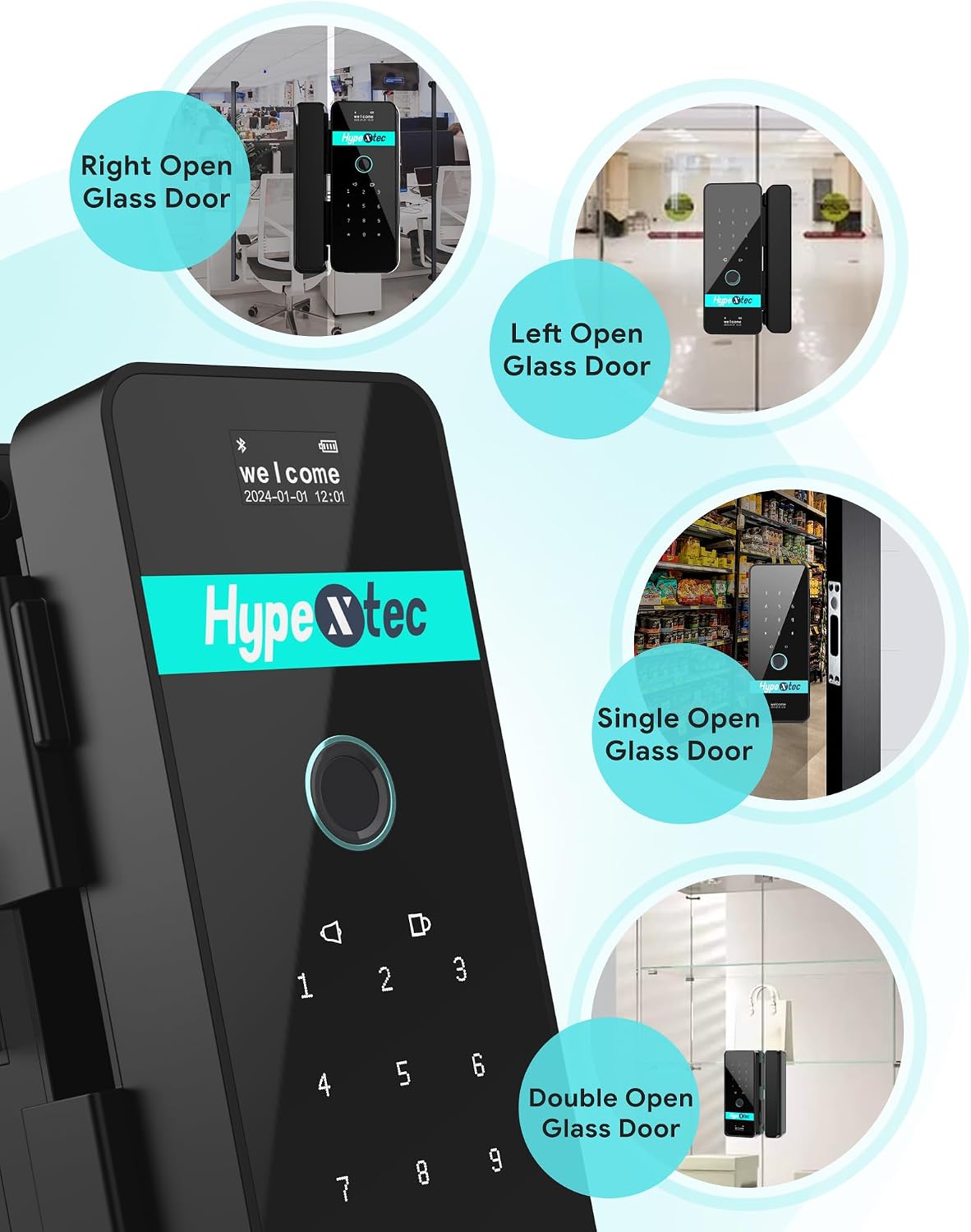 2026 No-Drill Smart Glass Lock for Frameless Doors,Auto-Reversal Keyless Entry Gate Locks with 5 Unlock Ways,Bluetooth App Control/Fingerprint/IC Card/Password/Keys,Home Office Business