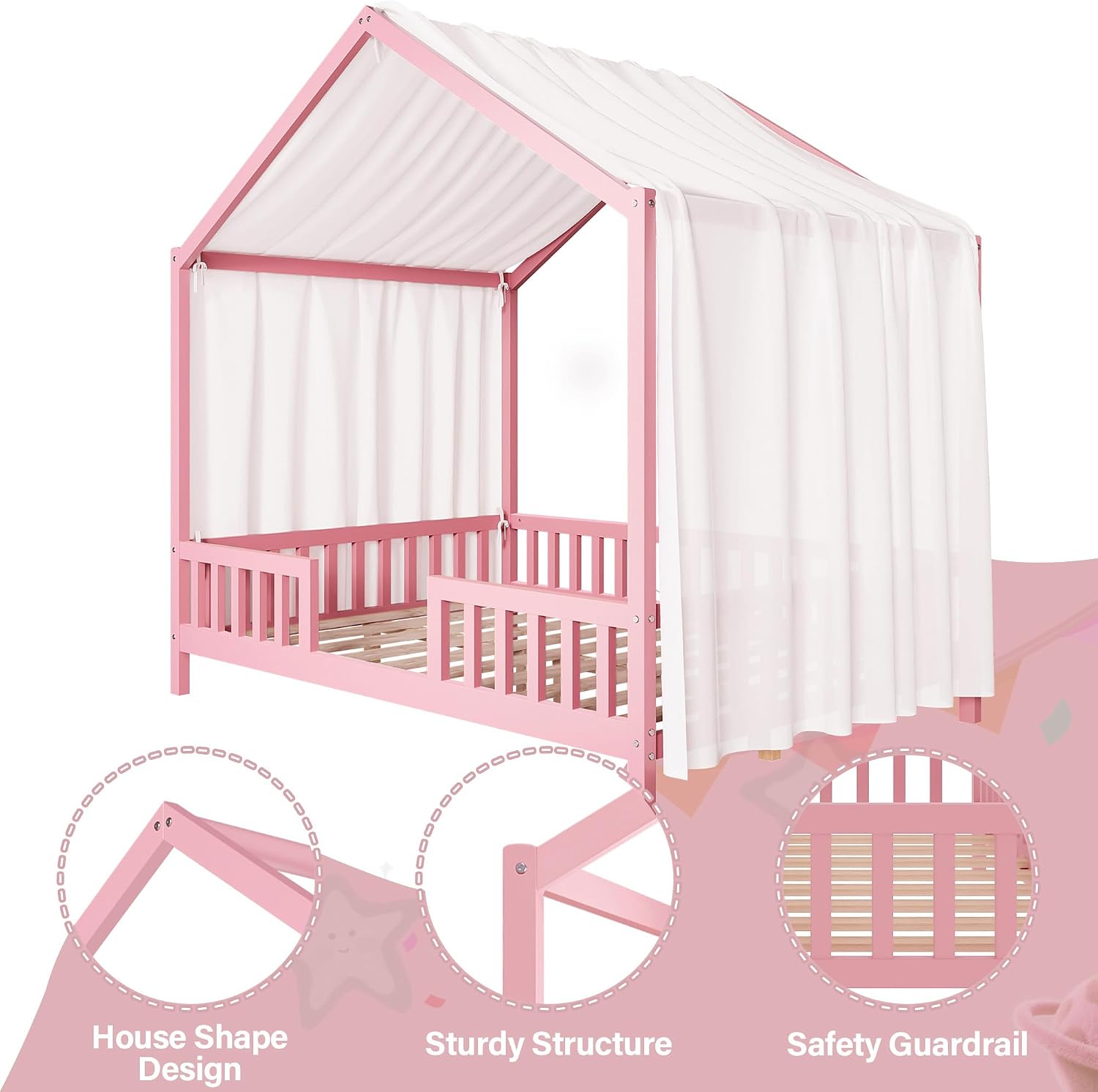 Full Montessori Floor House Bed with High Rails, Wood Kids Low Floor Bed with Roof & Canopy, Montessori Full Kids Bed Frame for Girls, Boys,No Box Spring Needed, Pink