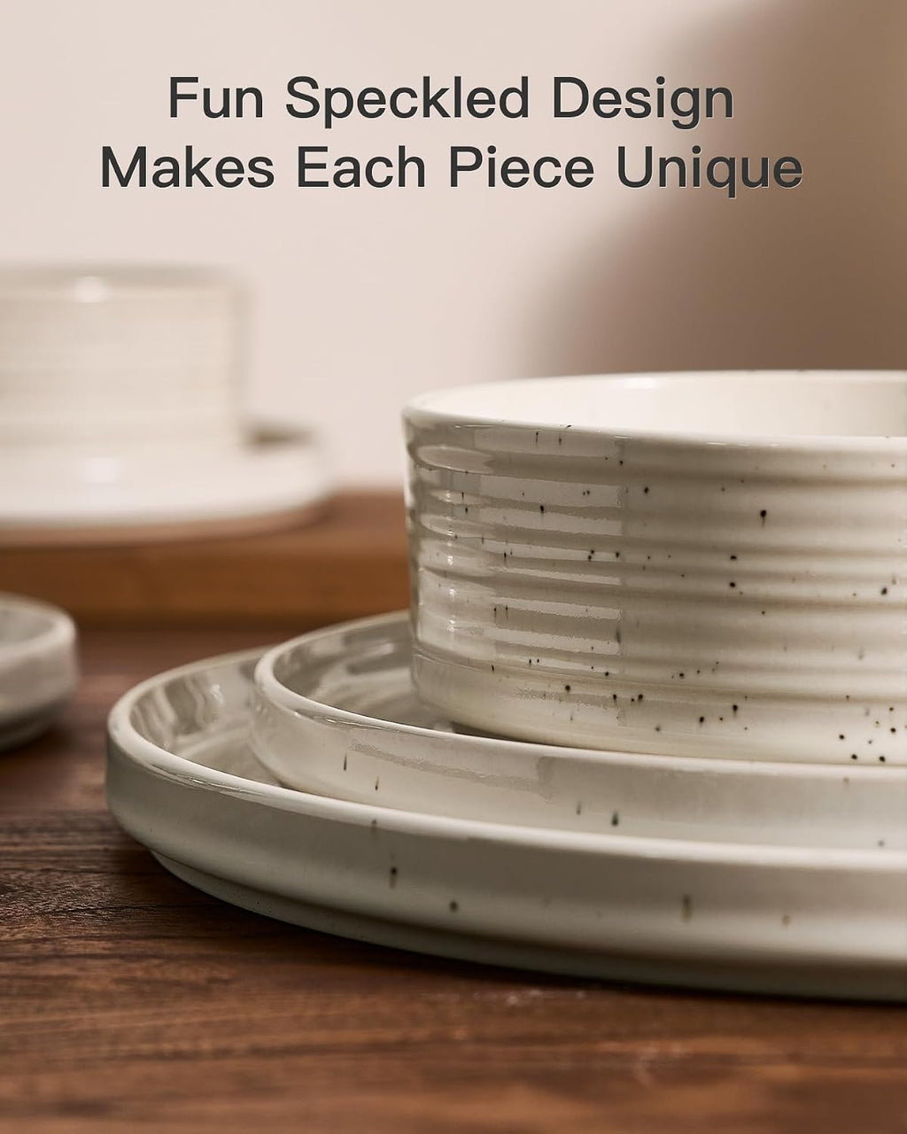 18-Piece Stoneware Dinnerware Set – High Edge Plates and Bowls with Reactive Glaze, Speckles & Spirals, Scratch Resistant Dishes, Dishwasher Safe, Service for 6, Gift Box, Shell Beige