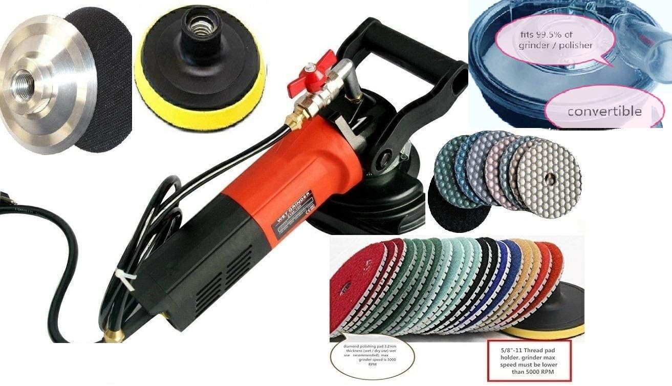 Wet Polisher Dust Shroud Stone Fabrication 4' Diamond Wet Dry Polishing Pad 15 Pieces 3 Carbon Brushes lapidary granite marble concrete terrazzo floor grinder sander masonry repair tile renew