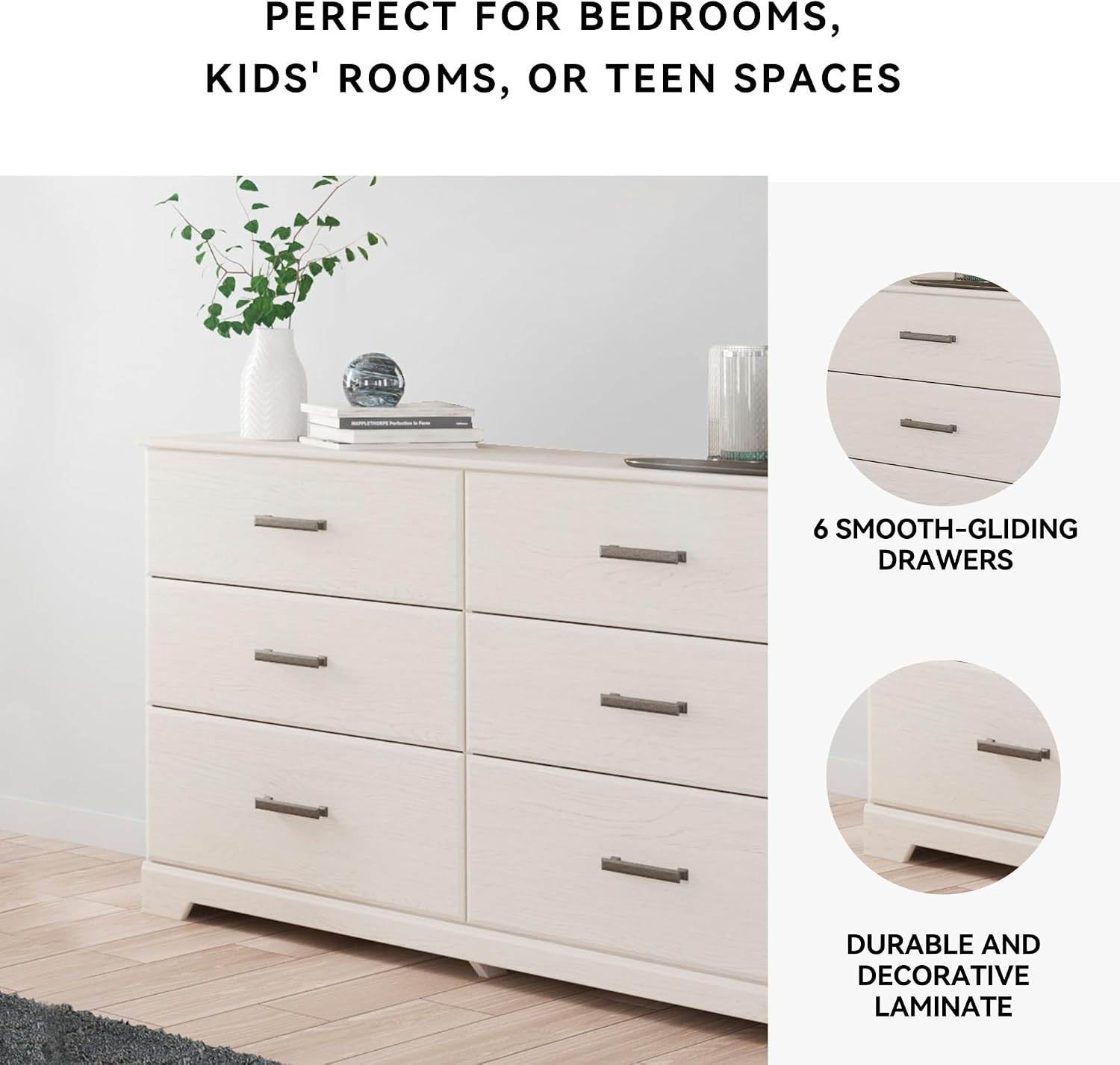 Signature Design by Ashley Stelsie Modern Scandinavian 6 Drawer Dresser, Whitewash