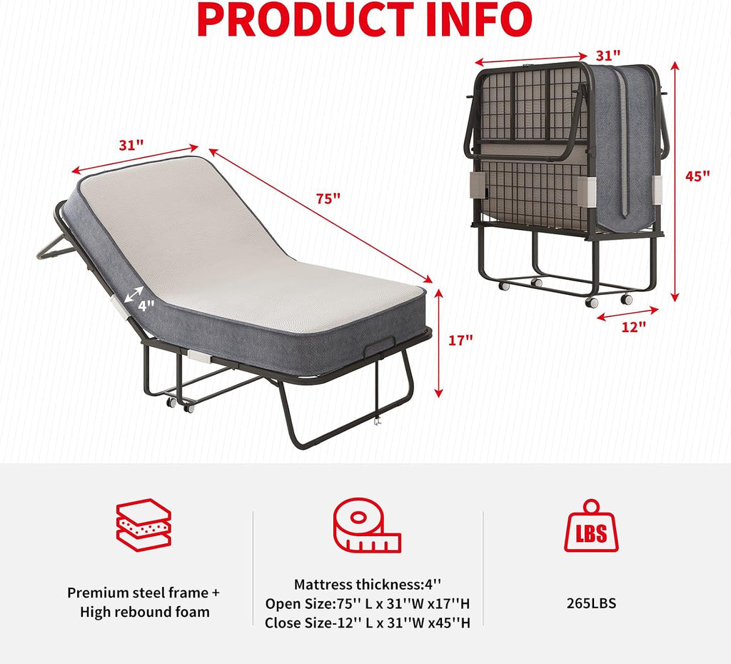 PUREMIND Folding Bed with Mattress for Adults, Portable Rollaway Guest Beds with 4' Memory Foam Mattress & Metal Frame, Twin Size Foldable Bed Fold Away Beds Space Saving