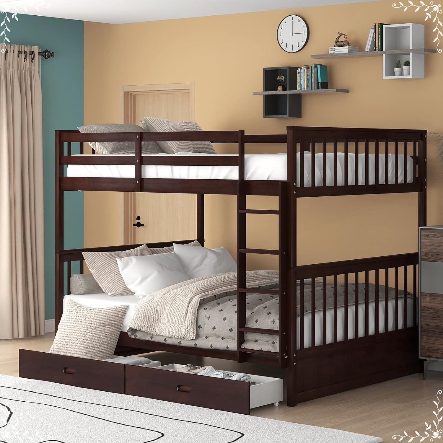 Kids Twin Bunk Bed, Full Size Bed Frame with Drawers Full Over Full with 2 Drawers Ladder and Rail Guard Wood Slats for Boys and Girls Bedroom