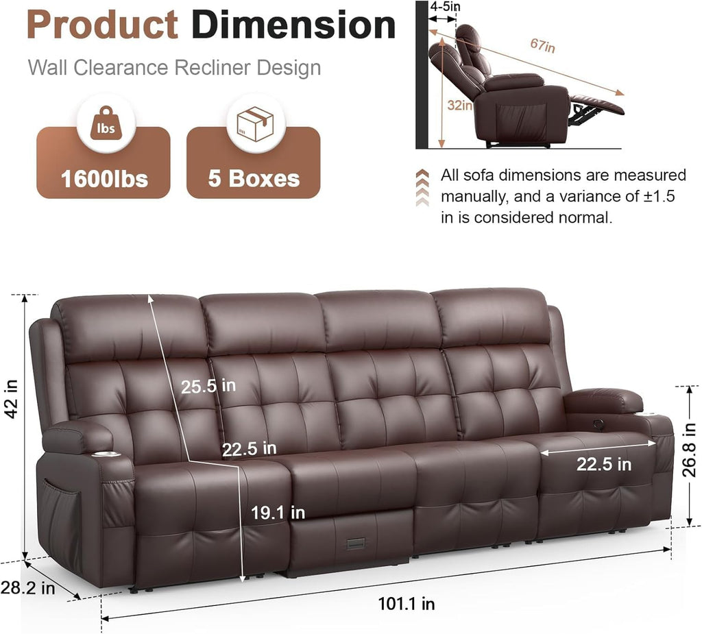 Recliner Sofa, Massage Flip Back Reclining Sofa 4 Seater Sets Heavy Weight Capacity, RV Loveseat Clearance, Recliner Couch with Storage, Cup Holders, Wall Hugger Couches for Living Room