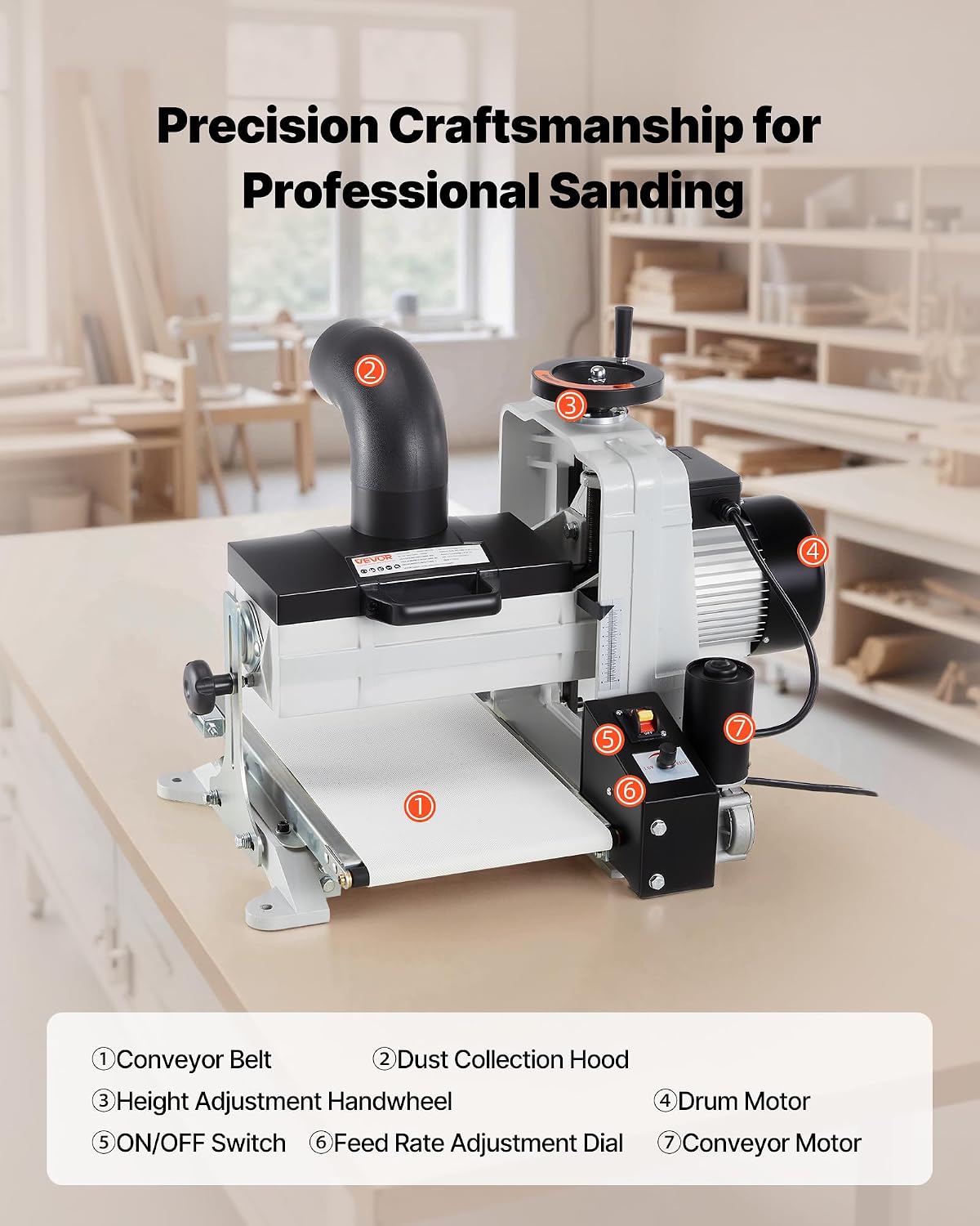 VEVOR 10' Benchtop Drum Sander, 1HP 1725RPM Dual Motor Drum Sander for Woodworking - Variable Speed Conveyor Belt & 4' Dust Collection Port for Cabinet Making & Furniture Finishing