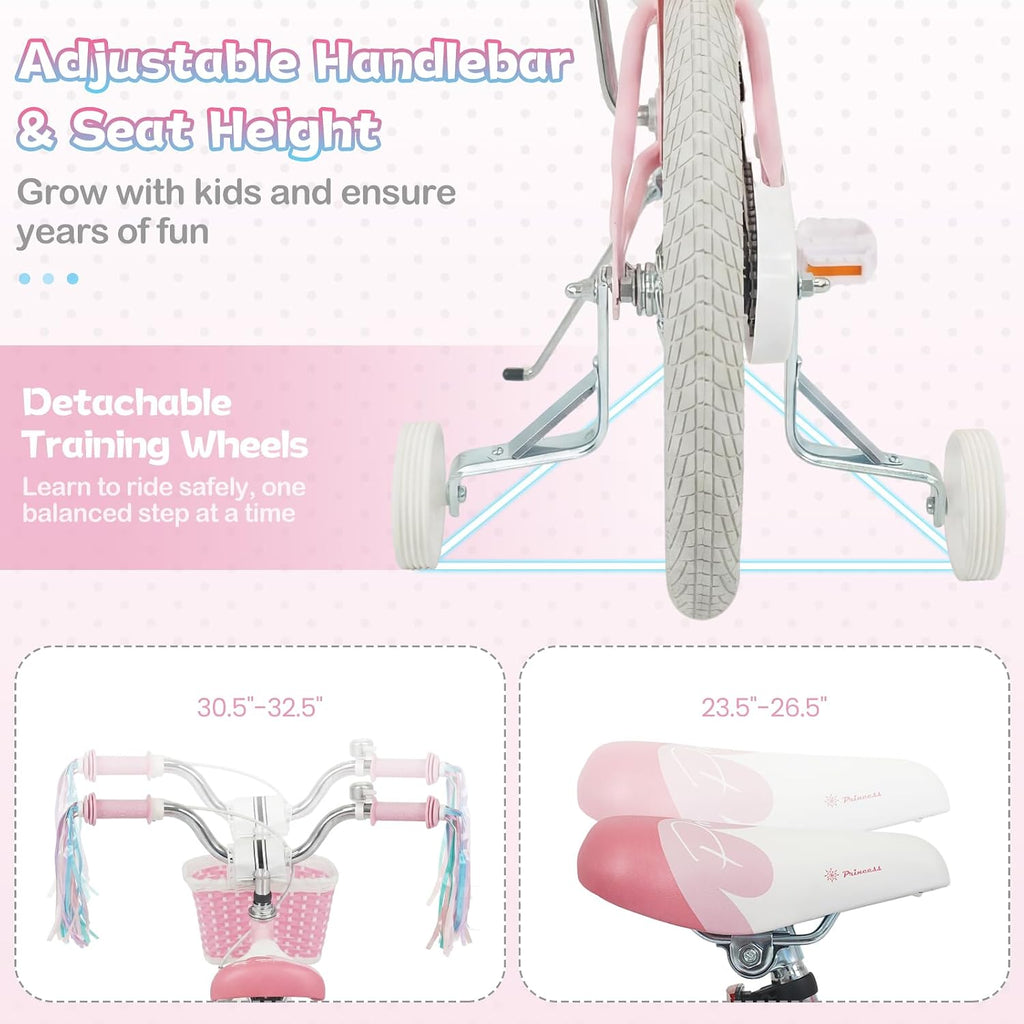 HONEY JOY Kids Bike, 12 14 16 18 Inch Girls Bike w/Training Wheels, Streamers, Basket, Handbrake & Coaster Brake, Fully Enclosed Chain, Mermaid Princess Children Bike for 3-8 Years Old