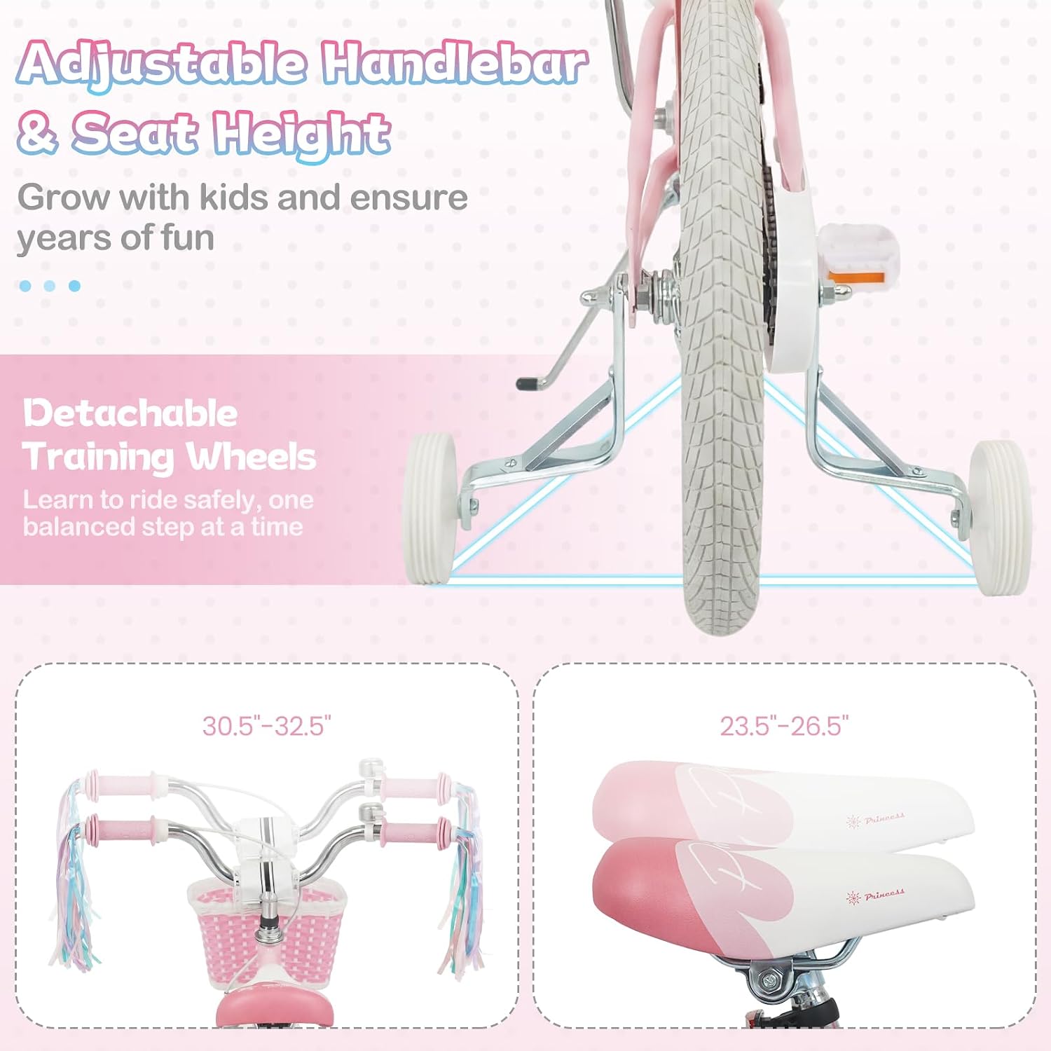 HONEY JOY Kids Bike, 12 14 16 18 Inch Girls Bike w/Training Wheels, Streamers, Basket, Handbrake & Coaster Brake, Fully Enclosed Chain, Mermaid Princess Children Bike for 3-8 Years Old