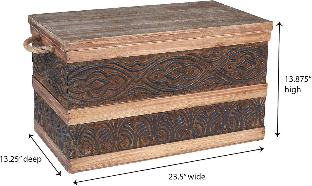 Household Essentials Decorative Trunk, Embossed Metal, Small, Chinese Fir Wood, Darkened Interior, Rope Handles, Flat and Fully Opening Lid, Handmade, Walnut and Almond Stain