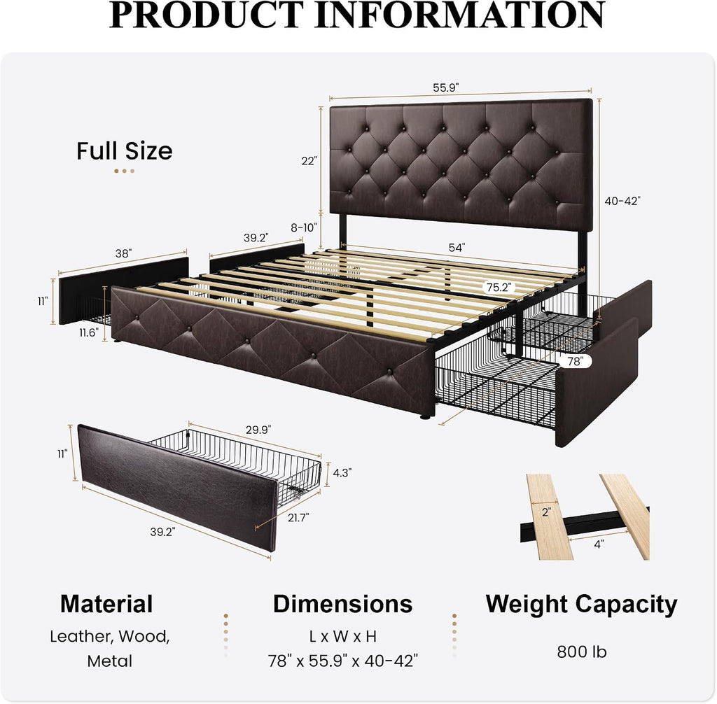 SHA CERLIN Upholstered Full Size Platform Bed Frame with 4 Storage Drawers, Adjustable Headboard with Diamond Stitched Button Tufted Design, Wooden Slat Support, No Box Spring Needed, Black Brown