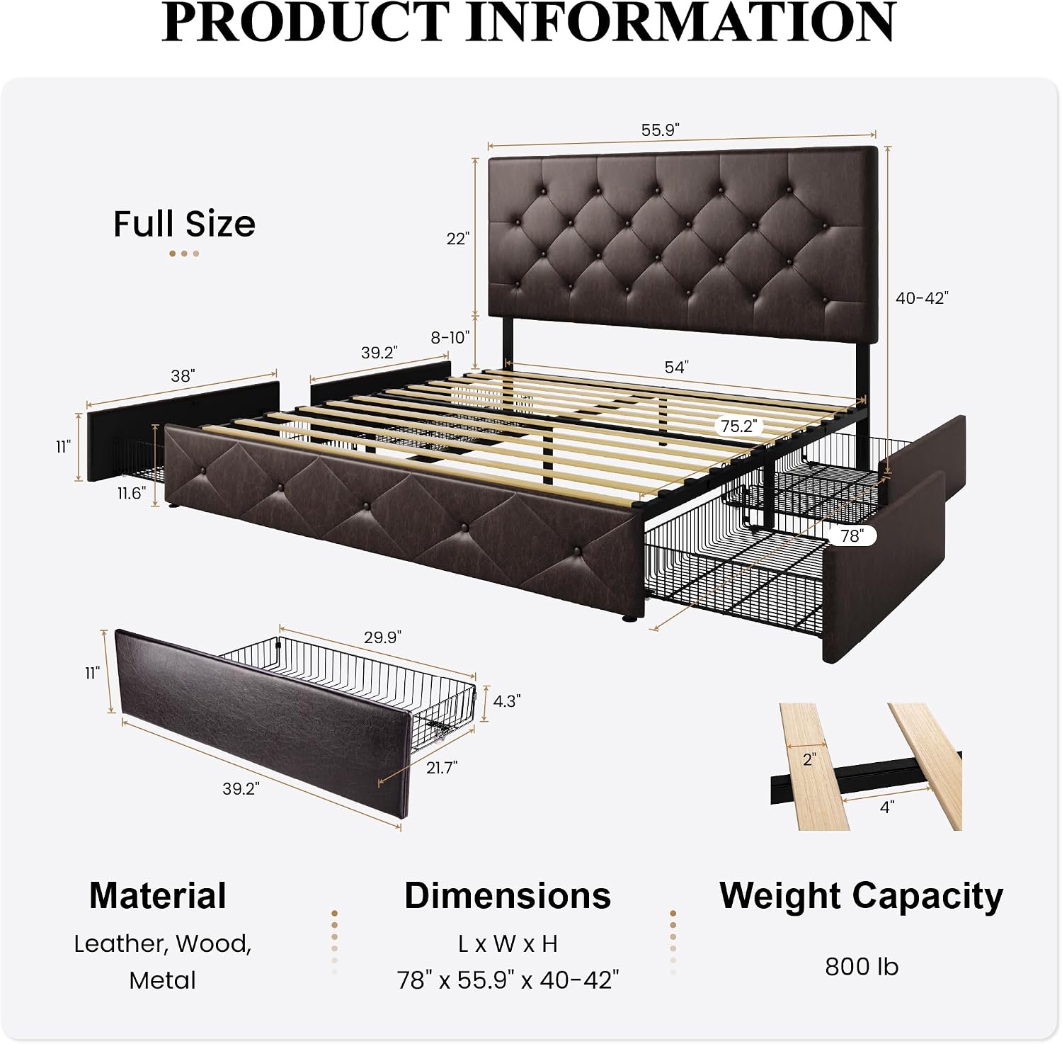 SHA CERLIN Upholstered Full Size Platform Bed Frame with 4 Storage Drawers, Adjustable Headboard with Diamond Stitched Button Tufted Design, Wooden Slat Support, No Box Spring Needed, Black Brown