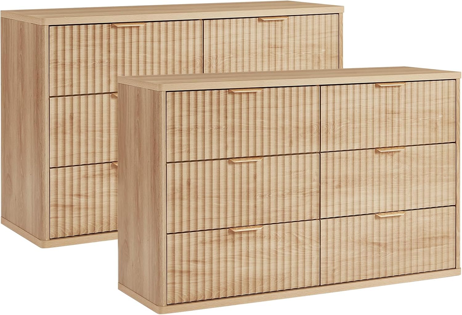 LEYAOYAO Fluted 6 Drawers Dresser Set of 2, 48' Wide Modern Chest of Drawers with Metal Handle, Natural Curved Profile Dresser TV Stand, Wooden Drawer Organizer for Bedroom, Living Room, Hallway