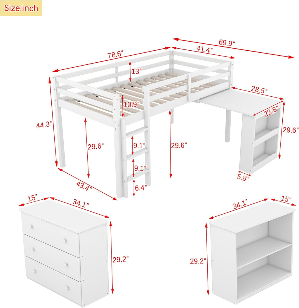Twin Loft Bed, Multifunctional Loft Bed with Drawer Cabinet, Shelf Cabinet and Pulling-Out Desk, Flexible Under-bed Storage Space, Rubber Wood Loft Bed with Safety Guardrail and Ladder (White/261)