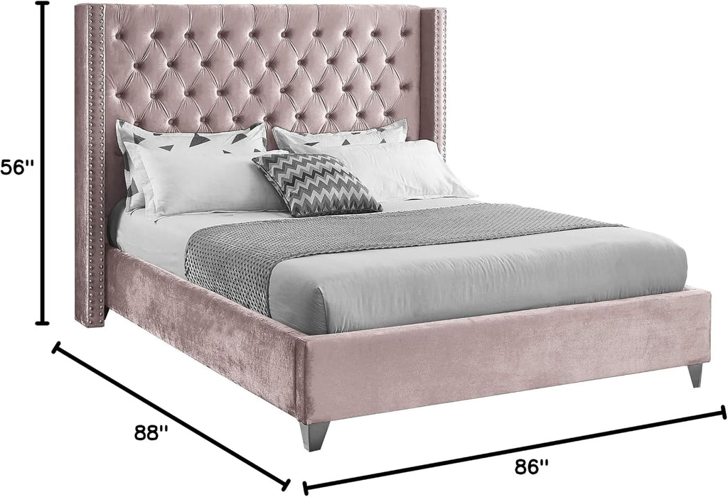 Meridian Furniture Aiden Collection Modern | Contemporary Velvet Upholstered Bed with Deep Button Tufting, Solid Wood Frame, and Custom Chrome Legs, King, Pink