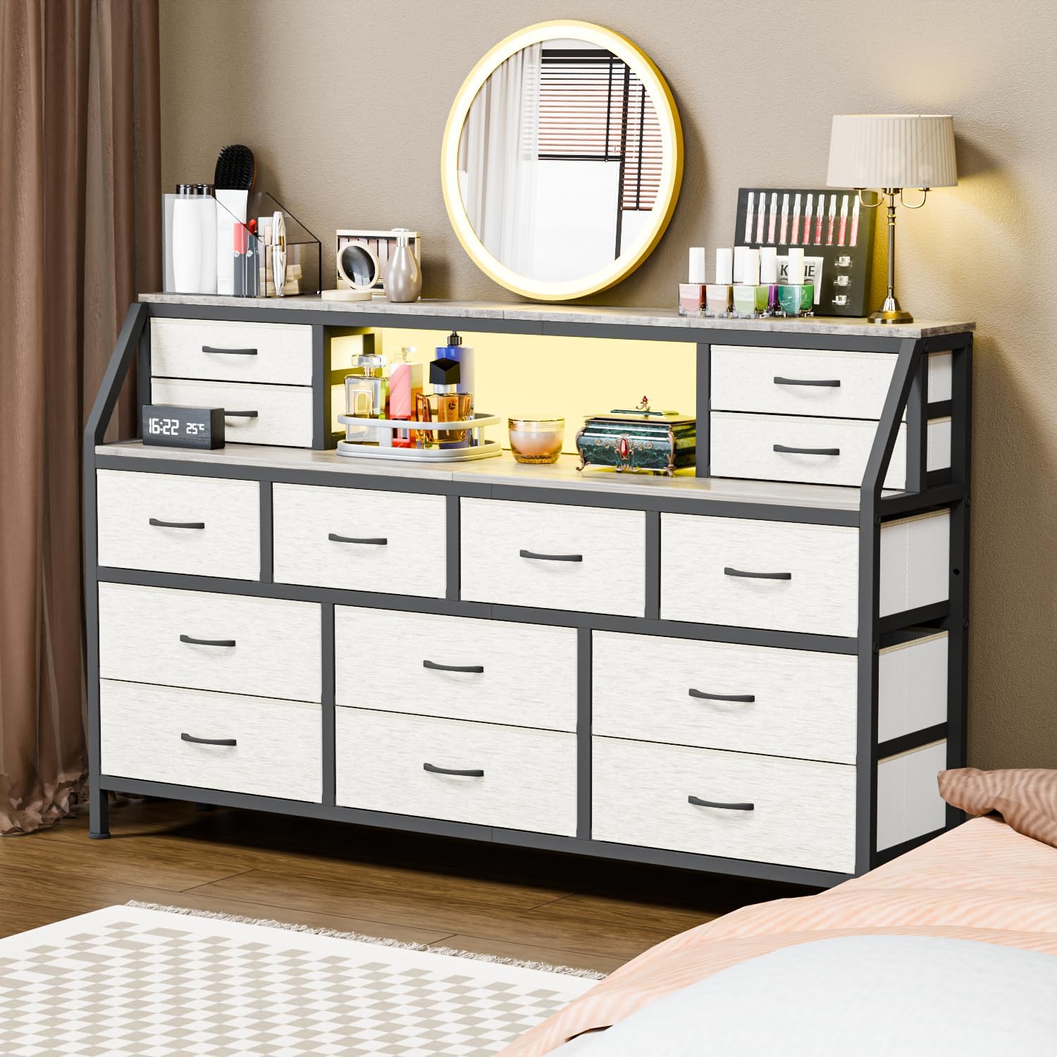 Dresser for Bedroom, 55' TV Stand with 14 Drawers, Long Dresser & Chests of Drawers with Shelves & Sturdy Metal Frame & Wood Top (Greige)