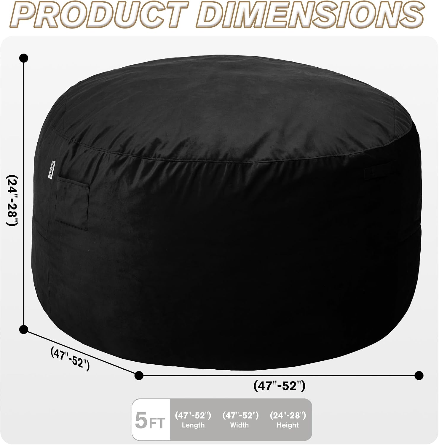 5FT Bean Bag Chair with Ultra Soft Velvet Cover Bean Bag Sofa with Memory Foam Bean Bag Chairs with Large Size Lazy Sofa for Dorm Office Living Room Bedroom Black 5'