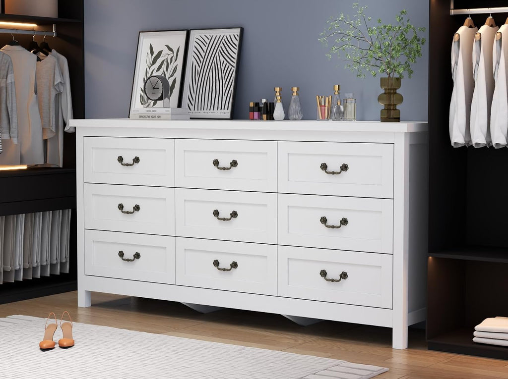 Loomie Upgraded 9-Drawer Dresser for Bedroom, 63' Wide Dresser TV Stand for TVs up to 75', Farmhouse Long Storage Wooden Dressers Organizer, Large Chest of Drawers with Vintage Pull for Closet, White