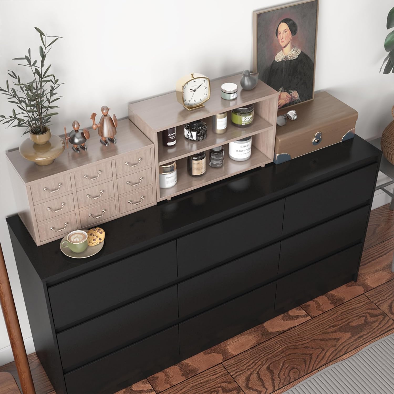 9 Drawer Dresser for Bedroom with Deep Drawers, Large Floor Wood Dressers & Chest of Drawers Handle Free, Modern Black Long Dressers for Closet Living Room, Euro Slide (63'W x 15.7'D x 31.5'H)