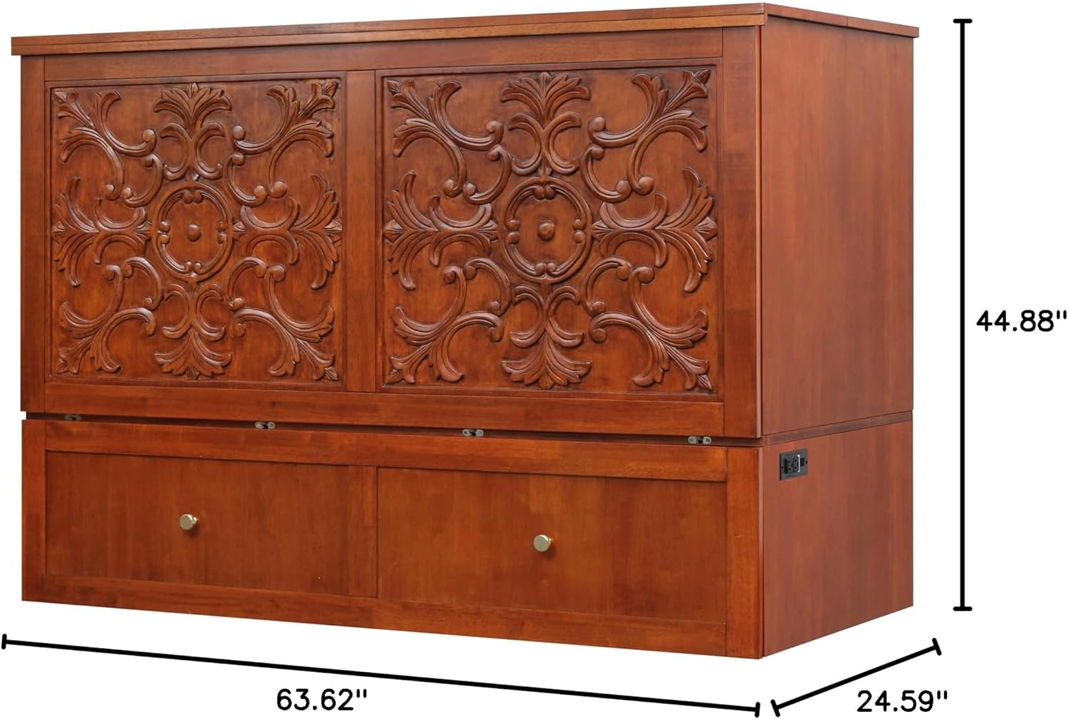Mega Solutions Notturno Murphy Cabinet Bed Queen 8 inch Save Space in Style with Elegant Cognac Wood Finish Charging Station - Guest Room or Small Apartment Must-Have