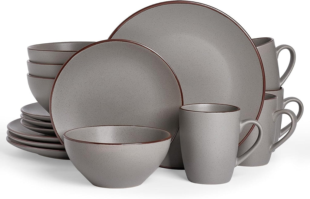 Famiware Venus 16-Piece Stoneware Dinnerware Sets with Mugs, Plates, Bowls, Service for 4, Matte Dark Gray - Modern Ceramic Chip‑Resistant Dishes for Everyday & Formal Use, Microwave & Dishwasher Safe
