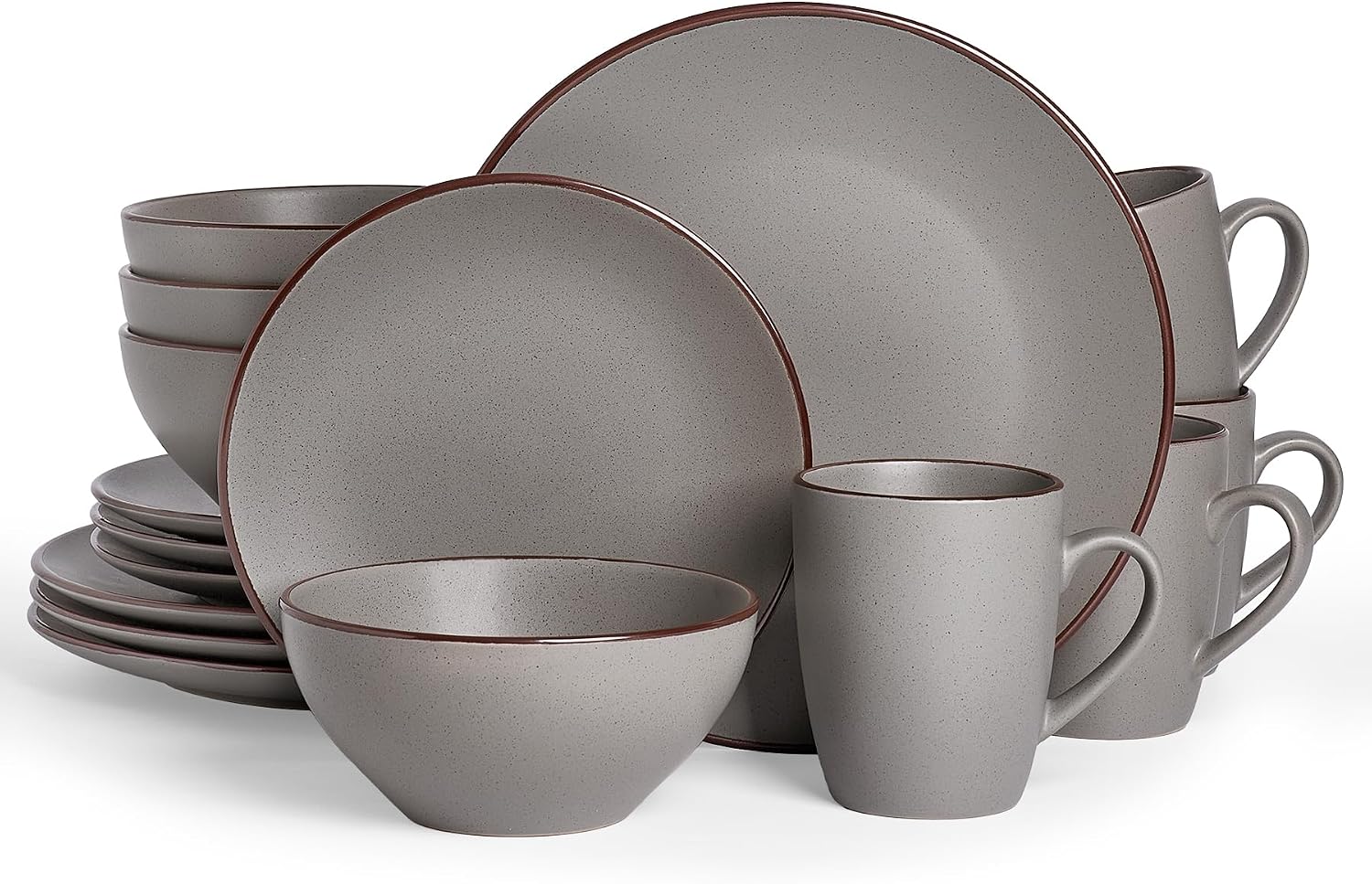 Famiware Venus 16-Piece Stoneware Dinnerware Sets with Mugs, Plates, Bowls, Service for 4, Matte Dark Gray - Modern Ceramic Chip‑Resistant Dishes for Everyday & Formal Use, Microwave & Dishwasher Safe