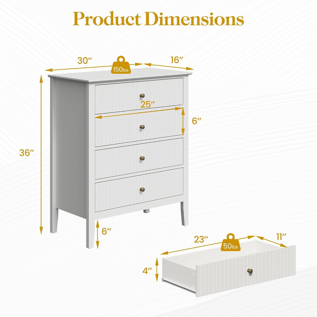 RoyalCraft White Fluted 4 Drawer Dresser for Bedroom, Modern Chest of Drawers, Wood Dresser for Storage Clothes, Wooden Storage Cabinet Nightstand for Bedroom, Hallway, Living Room, Entryway