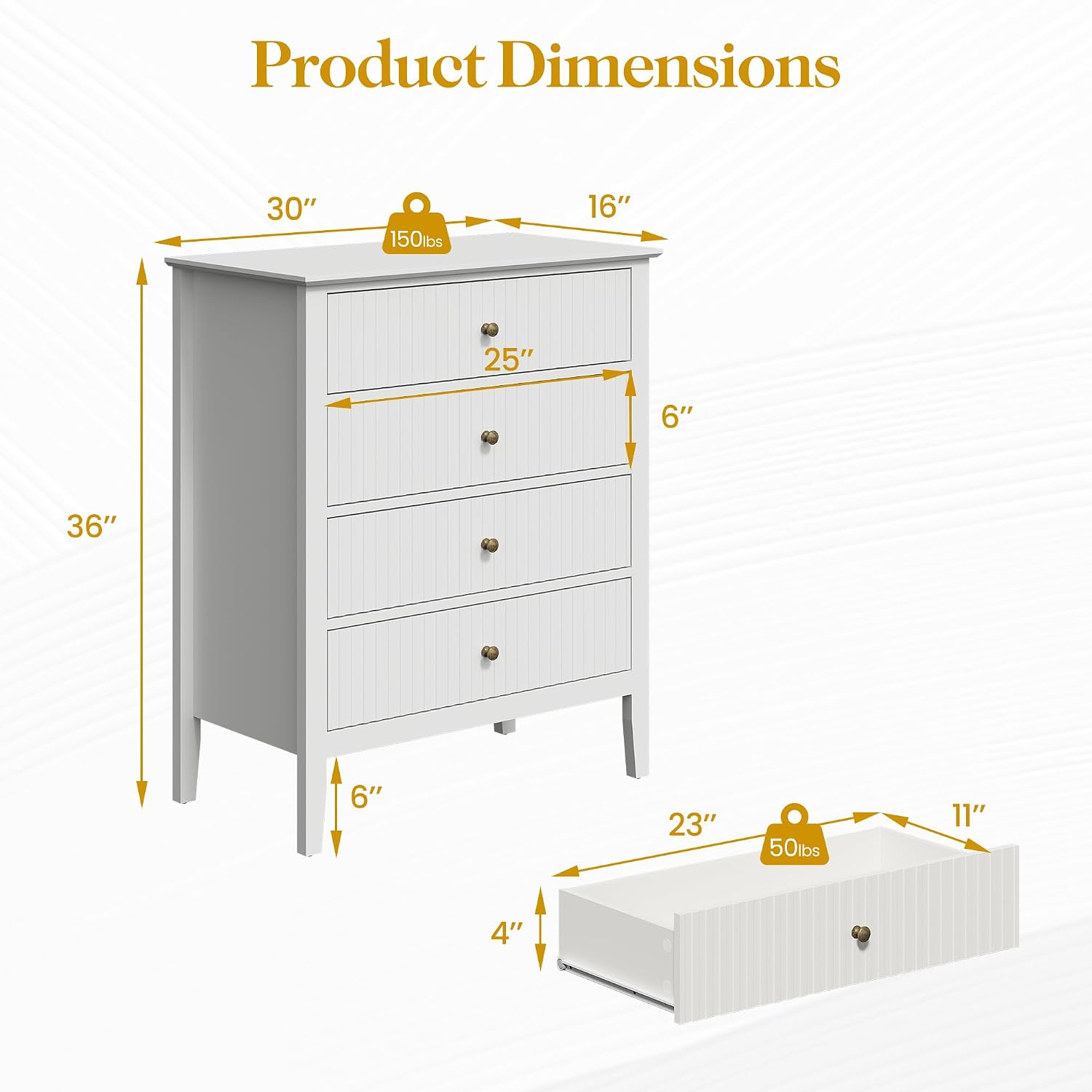 RoyalCraft White Fluted 4 Drawer Dresser Set of 2 for Bedroom, Modern Chest of Drawers, Wood Dresser for Storage Clothes, Wooden Storage Cabinet Nightstand for Bedroom, Hallway, Living Room, Entryway