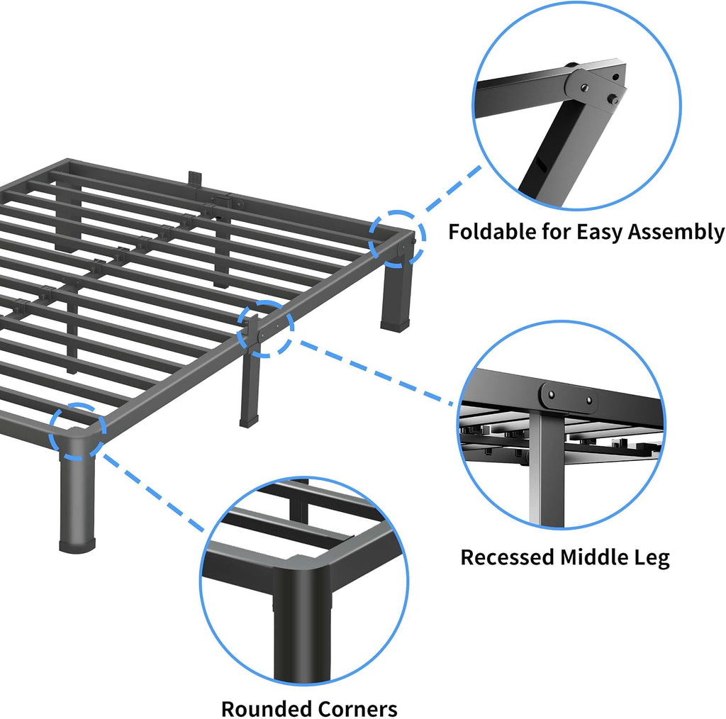 VIPSHOW 4 Inch Queen Bed Frame, 3500Lbs Heavy Duty Metal Platform with Round Corner Legs Mattress Slide Stopper, Steel Slat Support No Box Spring Needed, Noise Free, Non-Slip, Easy Assembly