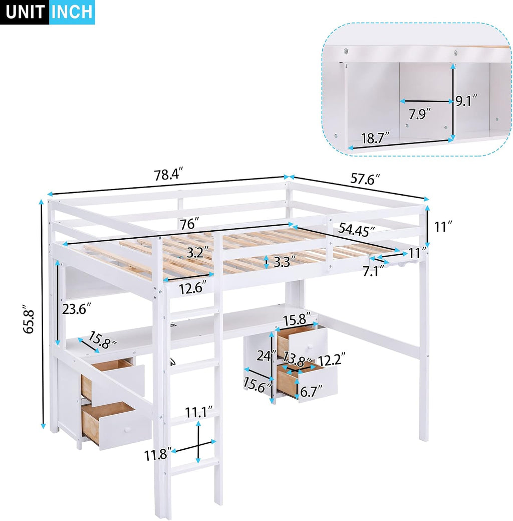 Full Size Loft Bed with Desk and Cabinets,Multifunctional Storage Solid Wood Bed Frame w/Drawers,Bedside Tray,Charging Station,Integrated Ladder,for Bedroom,Apartment,White