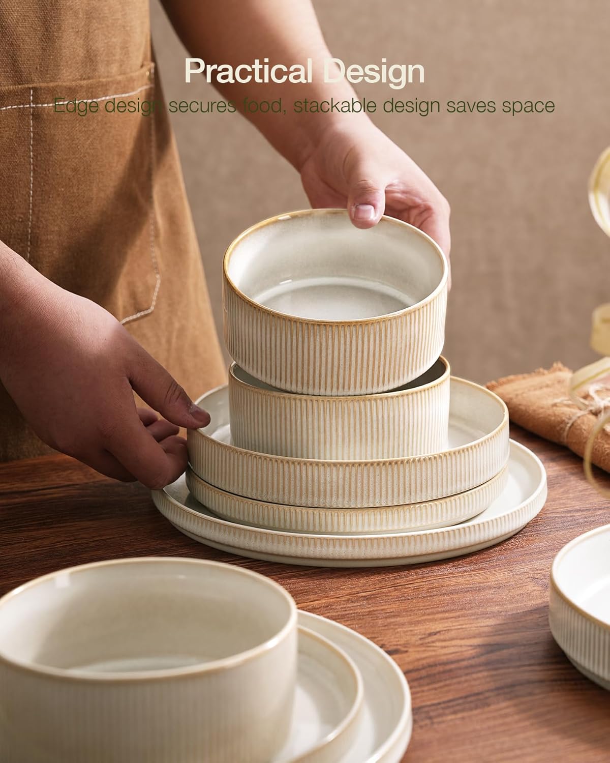 Famiware Star Plates and Bowls Sets, Modern Stoneware Dinnerware Sets for 8, 24-Piece Kitchen Dish Set - Microwave and Dishwasher Safe, Chip and Scratch Resistant, Cappuccino White