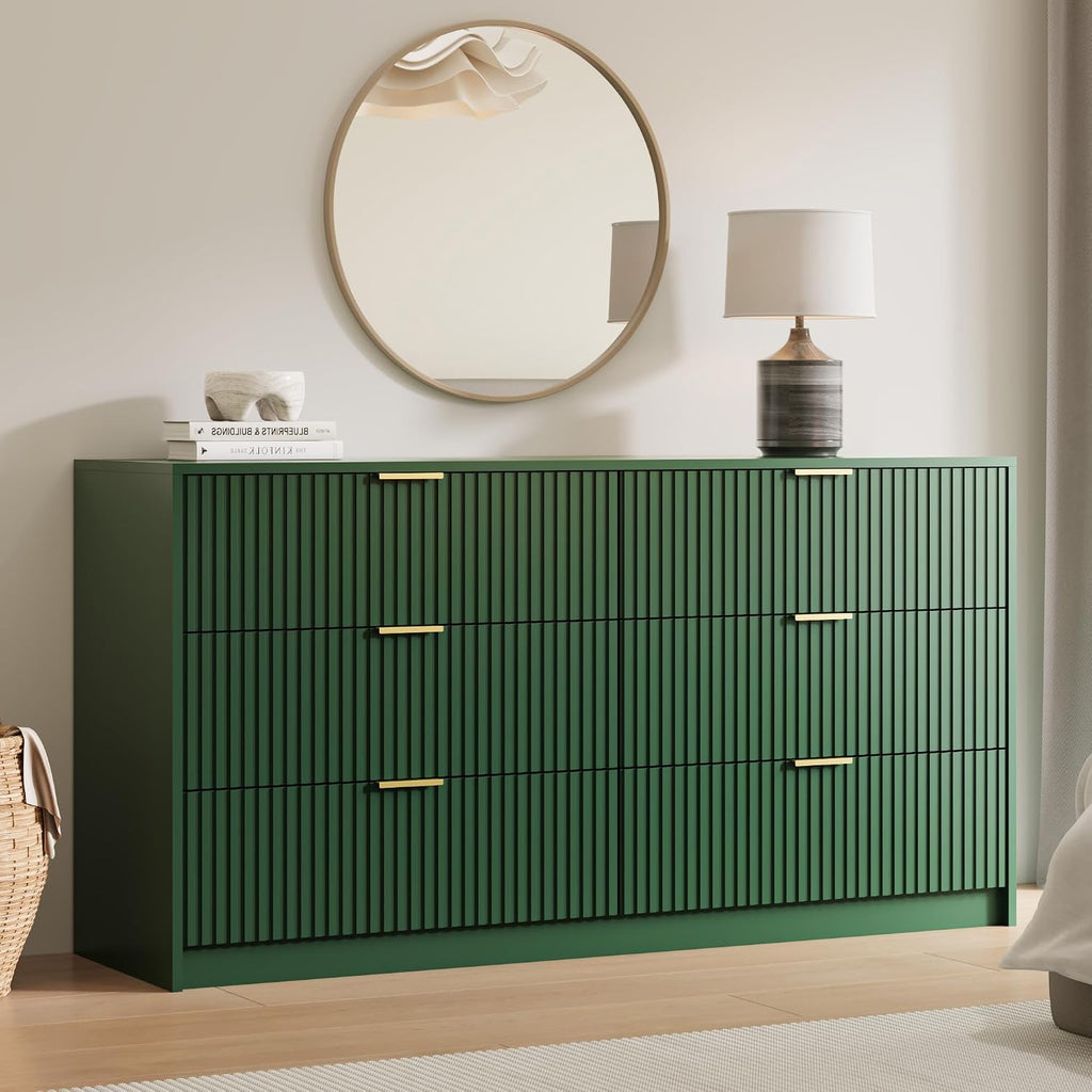 MAISONARIA Green 6 Drawer Dresser for Bedroom, 55' Wide Modern Chest of Drawers with Gold Metal Handles, Fluted Wood TV Stand for Living Room, Hallway