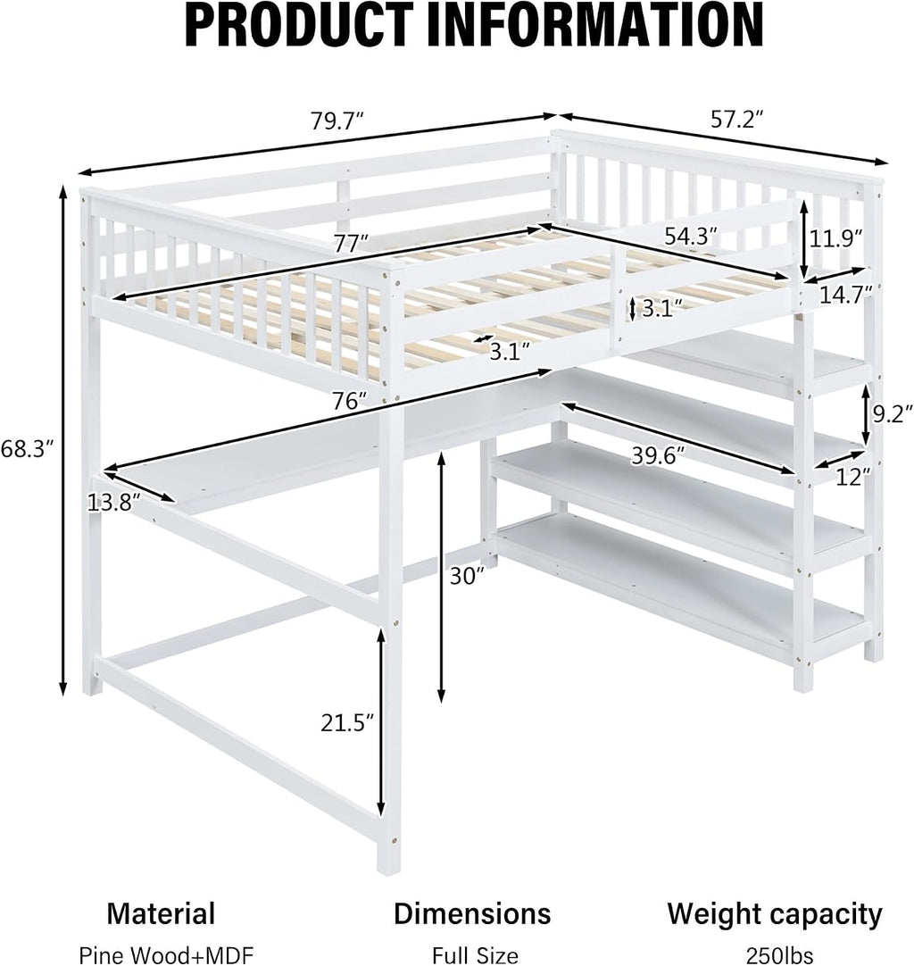 Merax Wood Loft Bed,Loft Bed with Desk and Shelves with 4-Storage Shelves and Under-Bed Desk,Solid Wood Bed, Full Size,White