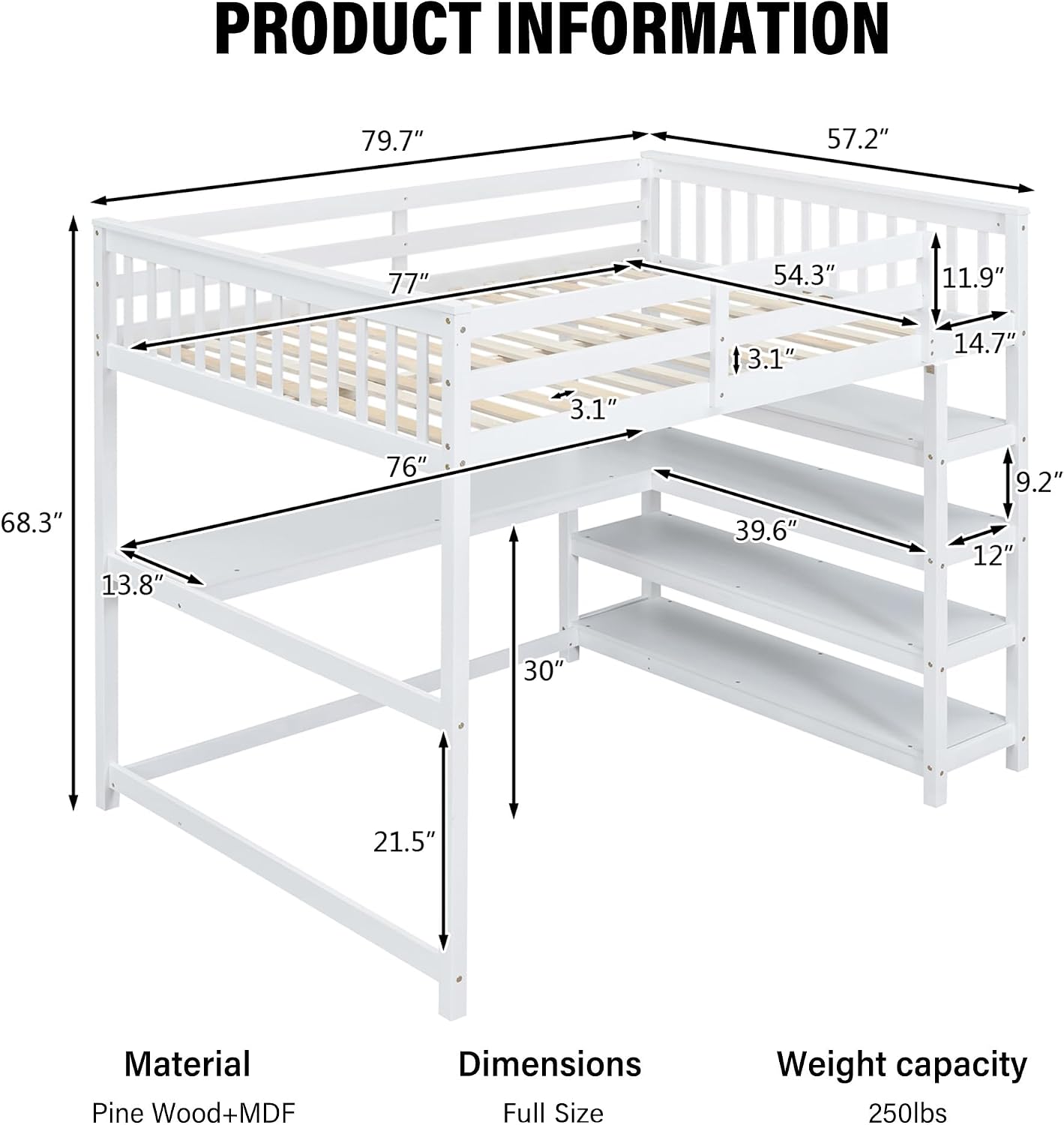 Merax Wood Loft Bed,Loft Bed with Desk and Shelves with 4-Storage Shelves and Under-Bed Desk,Solid Wood Bed, Full Size,White