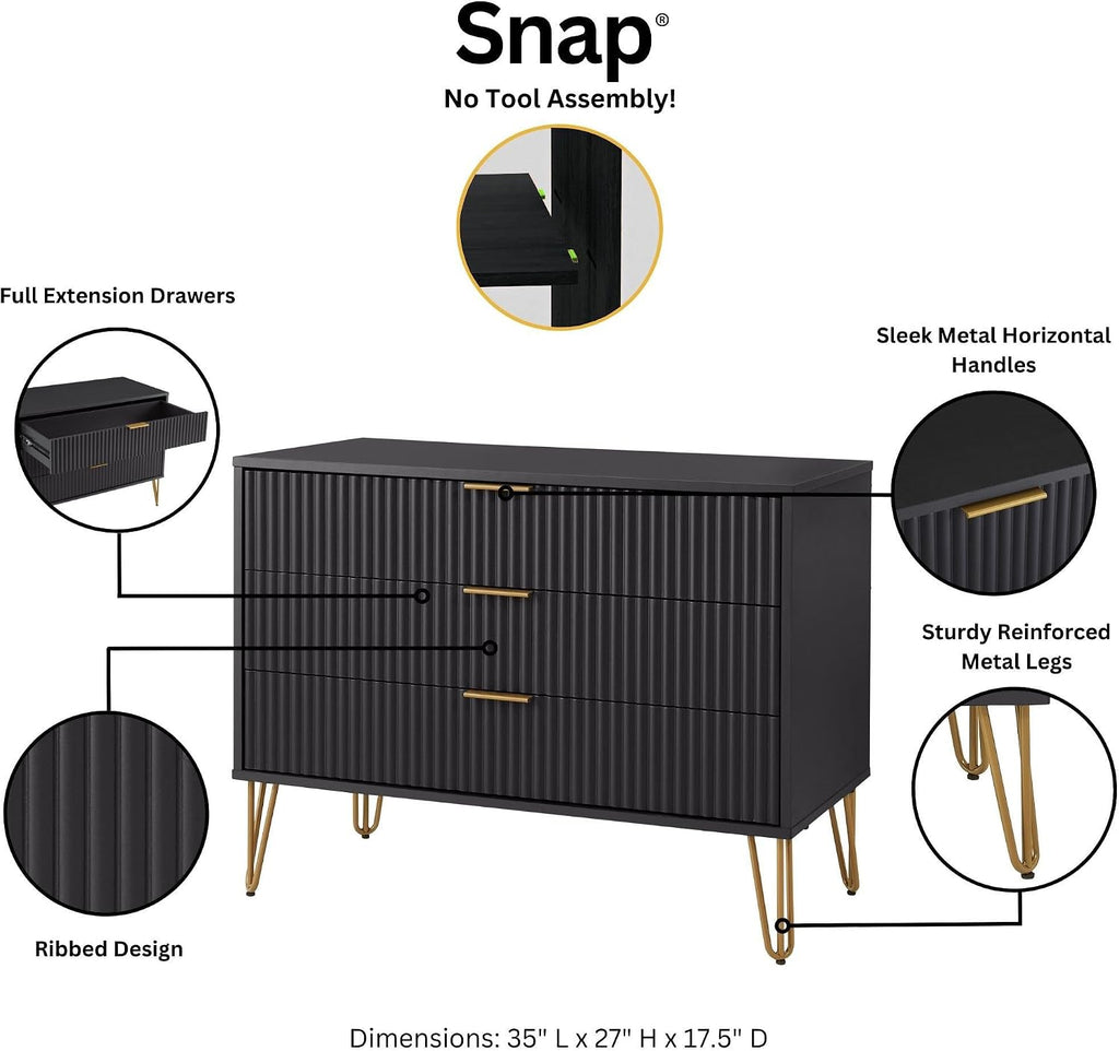 Manhattan Comfort Dumbo 2 Piece Modern Set, 3 Drawer Dresser & 1 Drawer Nightstand with Fluted Ribbed Front, Gold Metal Legs, No Tool Assembly, Storage Cabinet for Bedroom or Living Room in Black